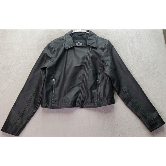 Hollister Moto Jacket Womens Large Black Faux Leather Zip Pockets Cliffside Zip‎ - Picture 1 of 8